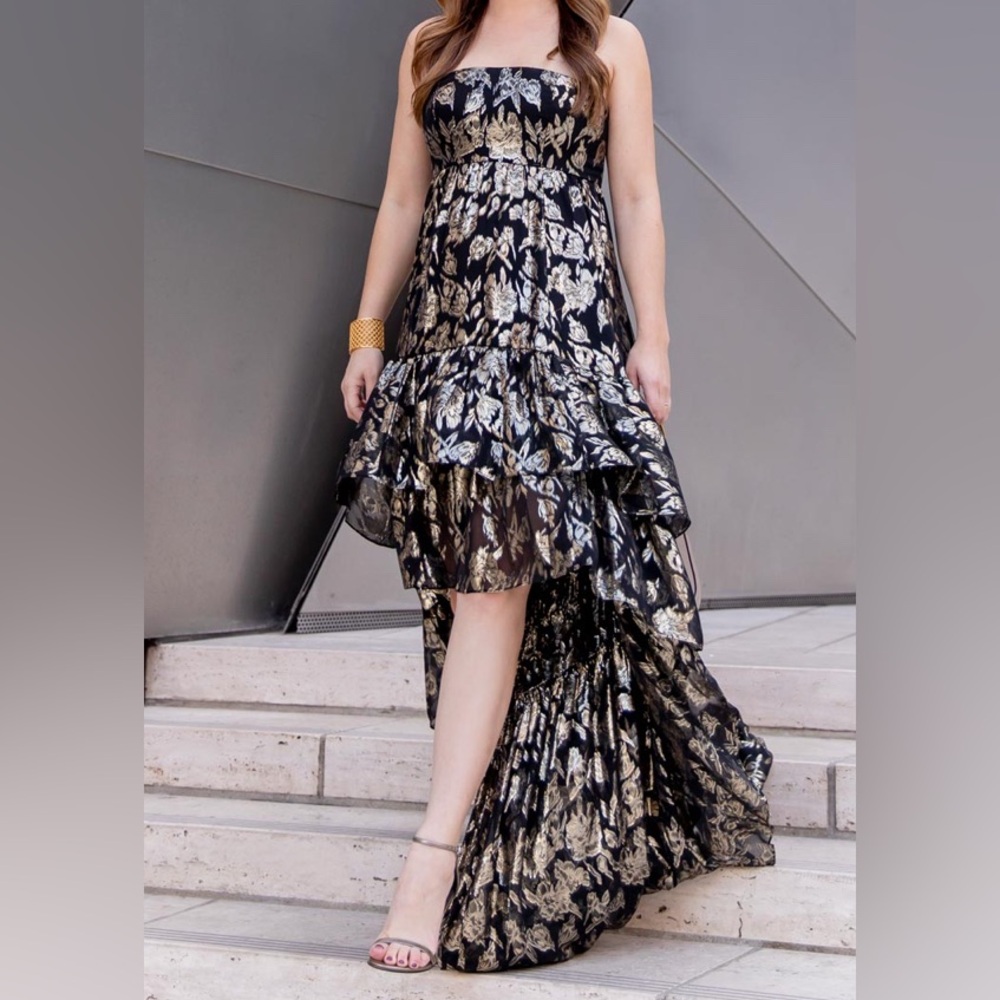Black and gold, strapless, high low dress